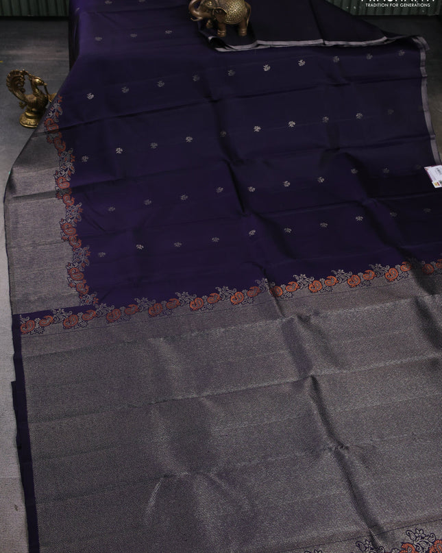 Pure Soft silk saree navy blue with woven buttas and rich zari woven border