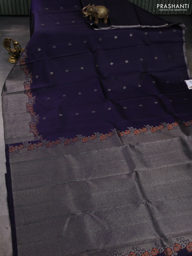 Pure Soft silk saree navy blue with woven buttas and rich zari woven border
