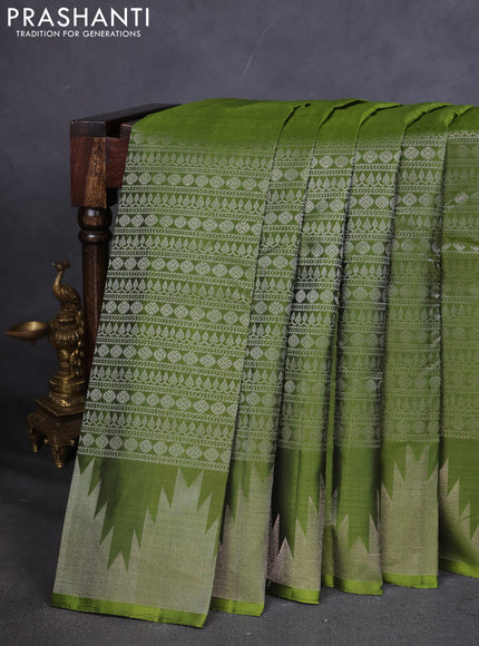 Pure Soft silk saree mehendi green and light pink with allover silver zari brocade weaves and temple design border
