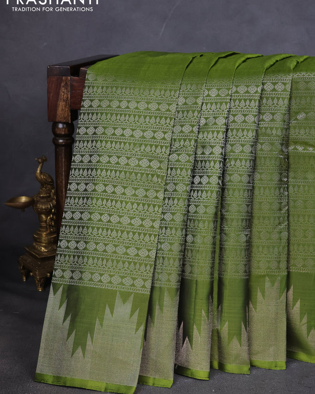 Pure Soft silk saree mehendi green and light pink with allover silver zari brocade weaves and temple design border