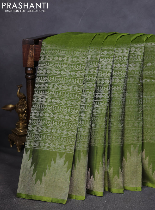 Pure Soft silk saree mehendi green and light pink with allover silver zari brocade weaves and temple design border