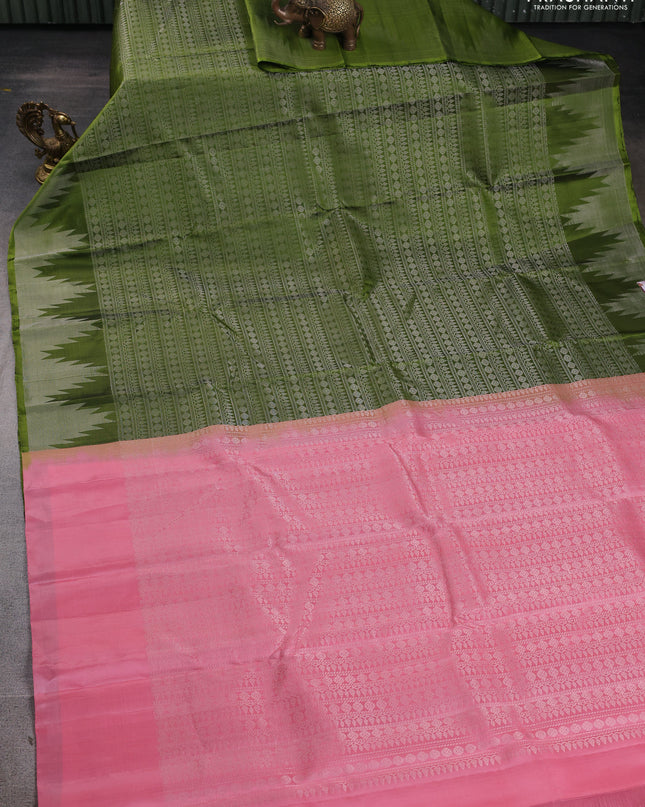 Pure Soft silk saree mehendi green and light pink with allover silver zari brocade weaves and temple design border