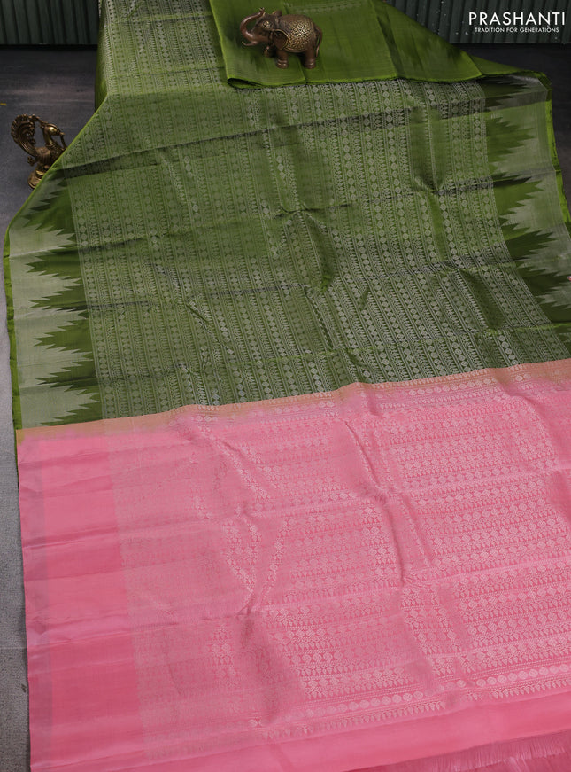Pure Soft silk saree mehendi green and light pink with allover silver zari brocade weaves and temple design border