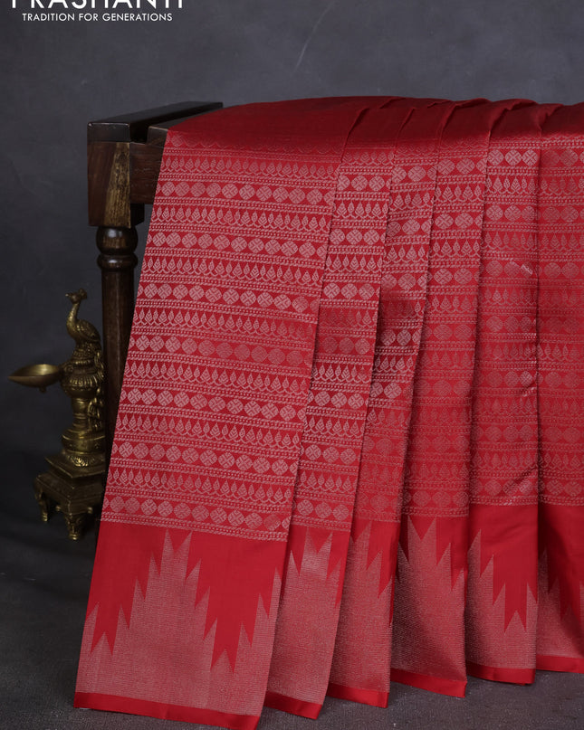 Pure Soft silk saree red and off white with allover silver zari brocade weaves and temple design border