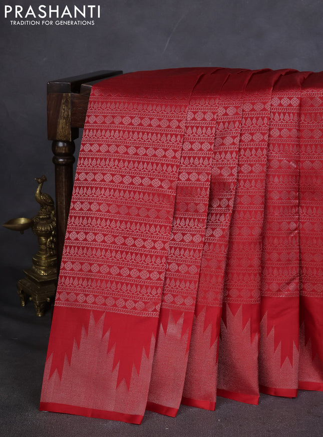 Pure Soft silk saree red and off white with allover silver zari brocade weaves and temple design border