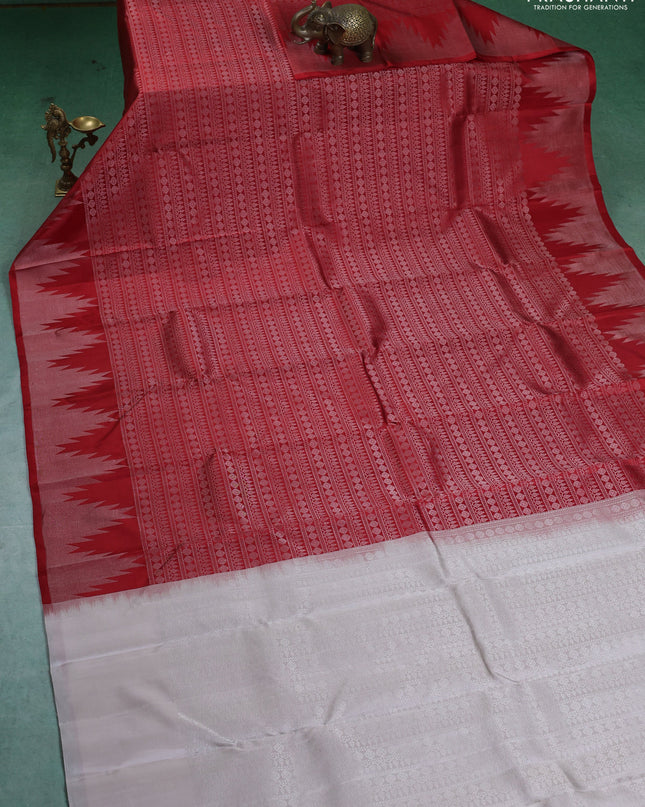 Pure Soft silk saree red and off white with allover silver zari brocade weaves and temple design border
