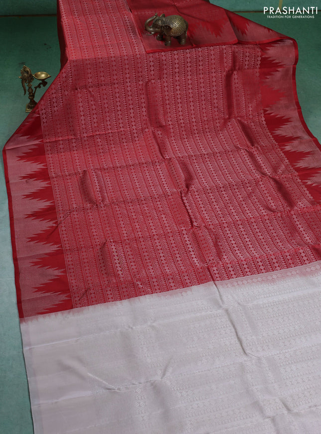 Pure Soft silk saree red and off white with allover silver zari brocade weaves and temple design border