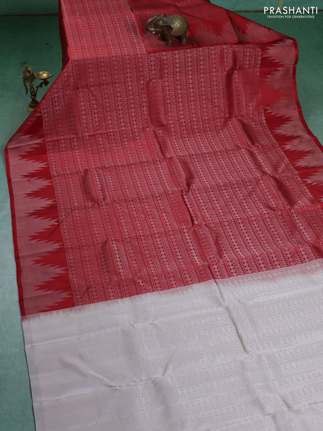 Pure Soft silk saree red and off white with allover silver zari brocade weaves and temple design border