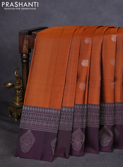 Pure Soft silk saree orange and deep jamun with allover silver zari weaves & buttas and silver zari butta border