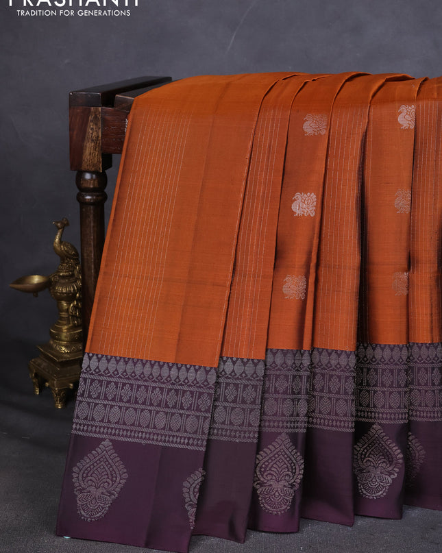 Pure Soft silk saree orange and deep jamun with allover silver zari weaves & buttas and silver zari butta border