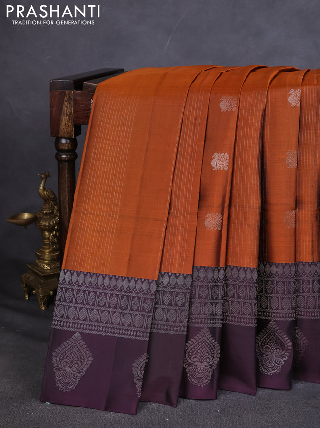 Pure Soft silk saree orange and deep jamun with allover silver zari weaves & buttas and silver zari butta border