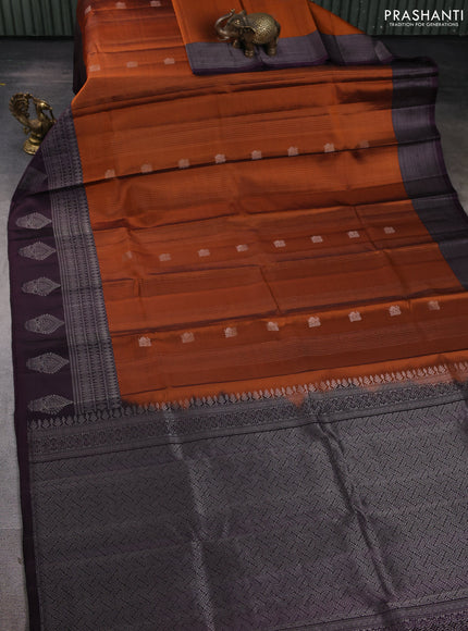 Pure Soft silk saree orange and deep jamun with allover silver zari weaves & buttas and silver zari butta border