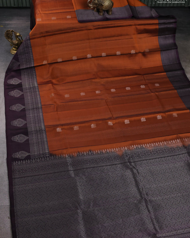 Pure Soft silk saree orange and deep jamun with allover silver zari weaves & buttas and silver zari butta border