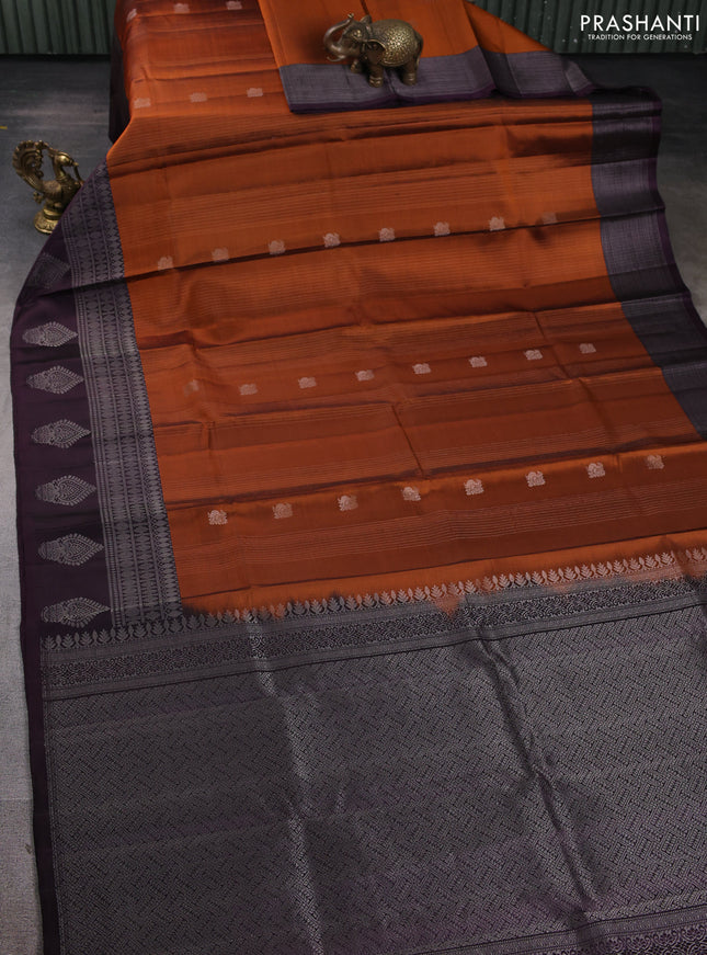 Pure Soft silk saree orange and deep jamun with allover silver zari weaves & buttas and silver zari butta border