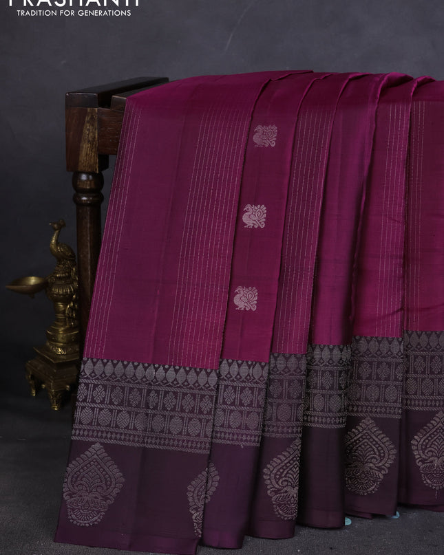 Pure Soft silk saree magenta pink and deep jamun with allover silver zari weaves & buttas and silver zari butta border