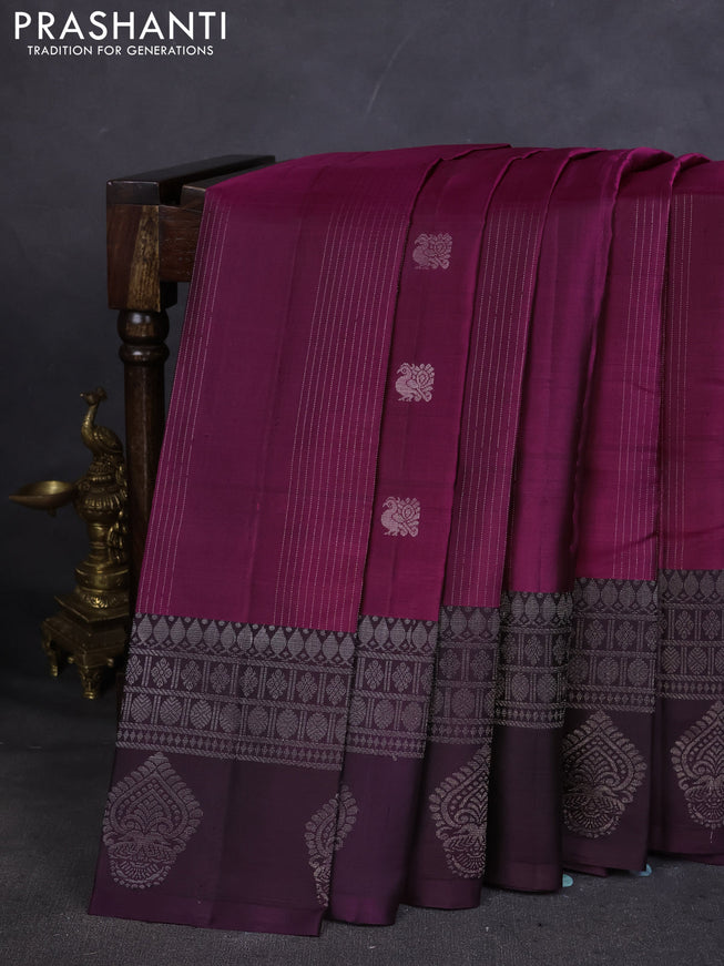 Pure Soft silk saree magenta pink and deep jamun with allover silver zari weaves & buttas and silver zari butta border