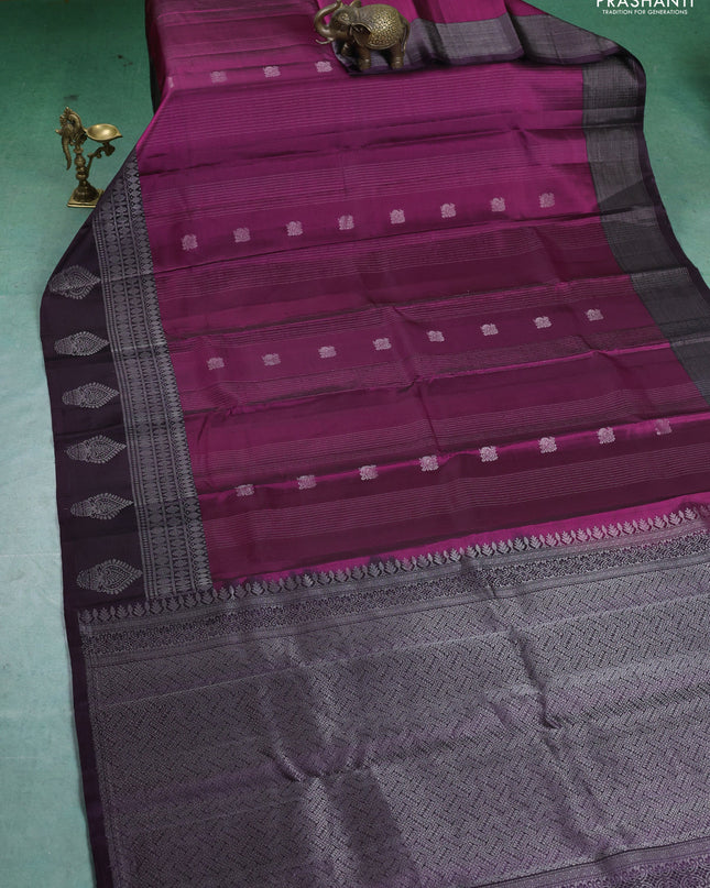 Pure Soft silk saree magenta pink and deep jamun with allover silver zari weaves & buttas and silver zari butta border