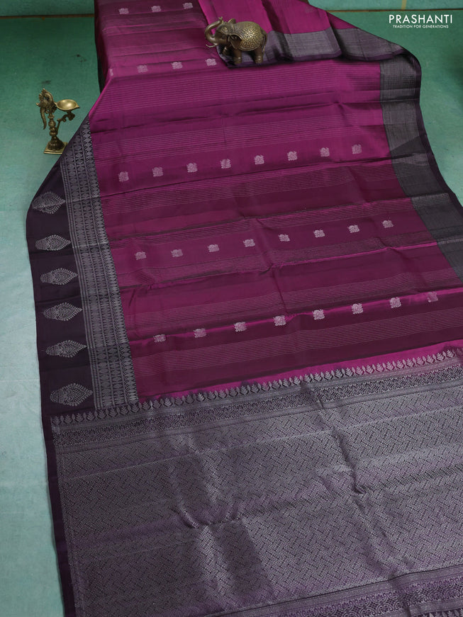 Pure Soft silk saree magenta pink and deep jamun with allover silver zari weaves & buttas and silver zari butta border