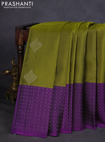 Pure Soft silk saree mehendi green and purple with silver zari woven buttas and silver zari checks butta border