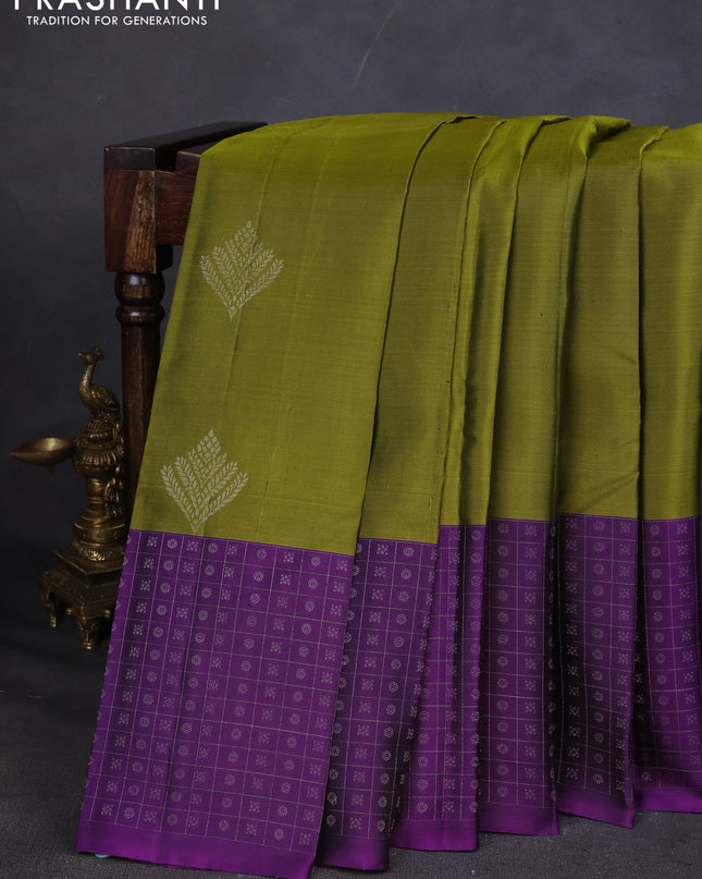 Pure Soft silk saree mehendi green and purple with silver zari woven buttas and silver zari checks butta border