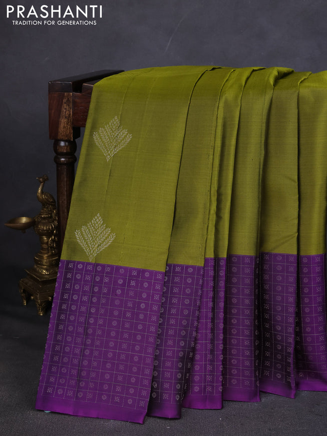 Pure Soft silk saree mehendi green and purple with silver zari woven buttas and silver zari checks butta border