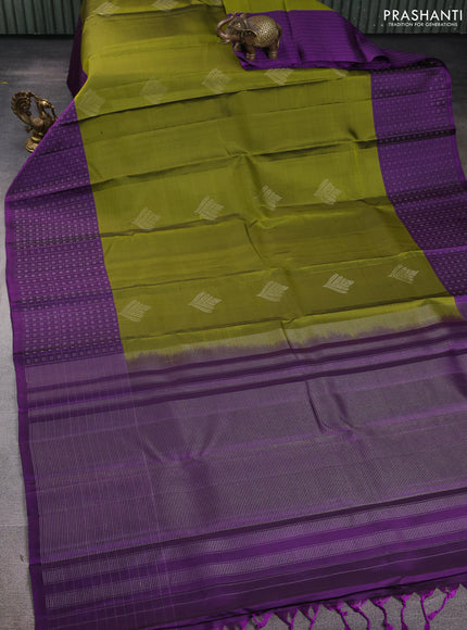 Pure Soft silk saree mehendi green and purple with silver zari woven buttas and silver zari checks butta border