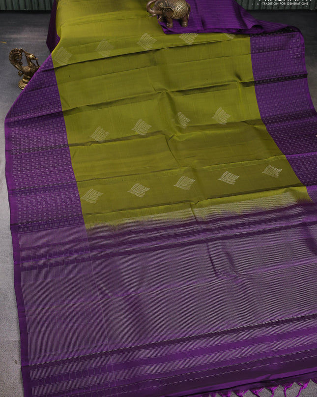 Pure Soft silk saree mehendi green and purple with silver zari woven buttas and silver zari checks butta border