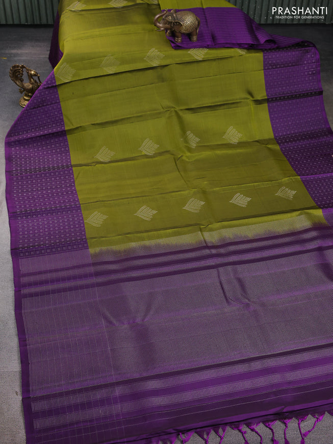 Pure Soft silk saree mehendi green and purple with silver zari woven buttas and silver zari checks butta border