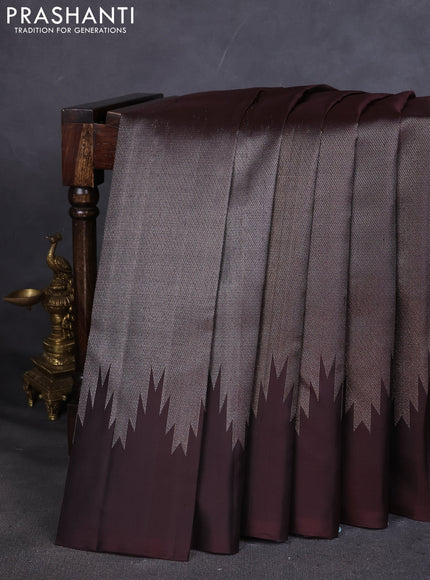 Pure Soft silk saree coffee brown with allover silver zari brocade weaves and temple design border