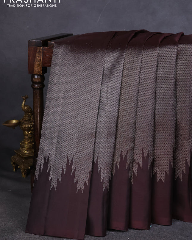 Pure Soft silk saree coffee brown with allover silver zari brocade weaves and temple design border
