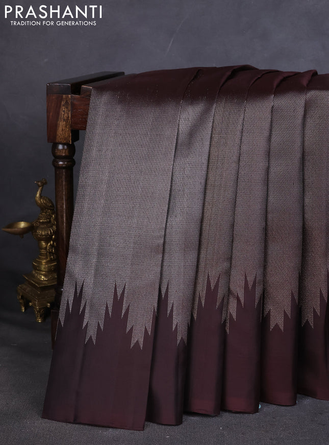 Pure Soft silk saree coffee brown with allover silver zari brocade weaves and temple design border