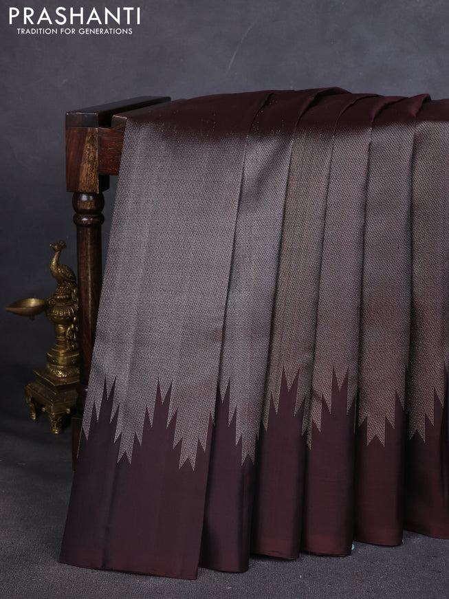 Pure Soft silk saree coffee brown with allover silver zari brocade weaves and temple design border