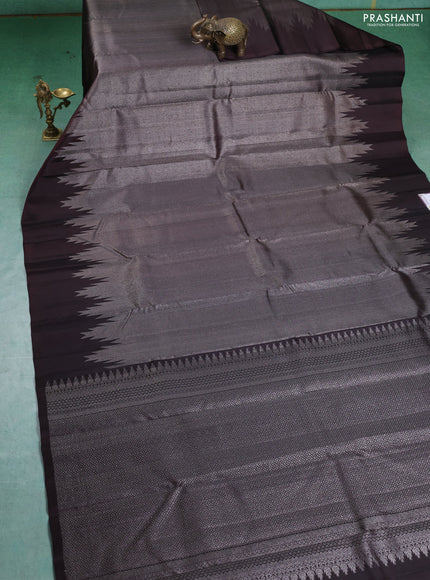Pure Soft silk saree coffee brown with allover silver zari brocade weaves and temple design border