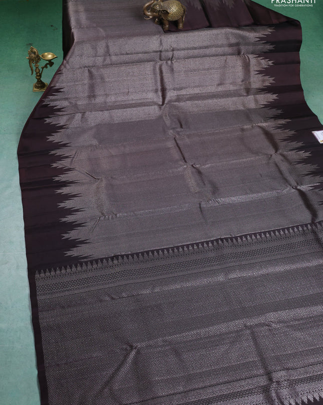 Pure Soft silk saree coffee brown with allover silver zari brocade weaves and temple design border