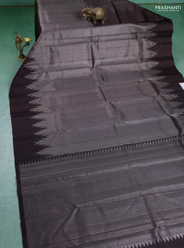 Pure Soft silk saree coffee brown with allover silver zari brocade weaves and temple design border