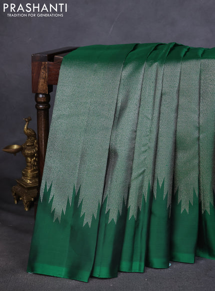 Pure Soft silk saree green with allover silver zari brocade weaves and temple design border