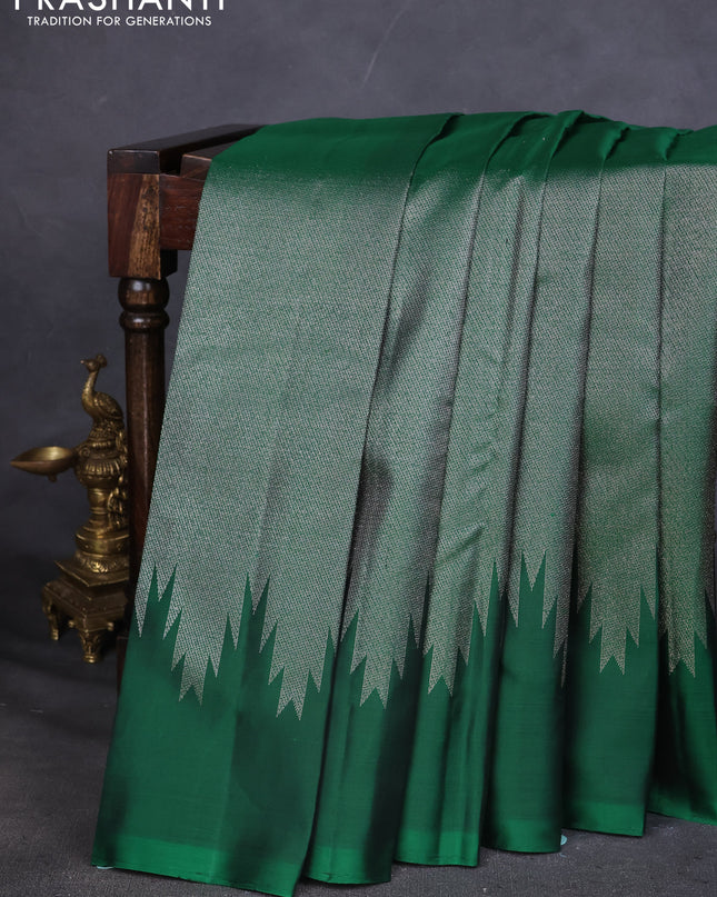 Pure Soft silk saree green with allover silver zari brocade weaves and temple design border