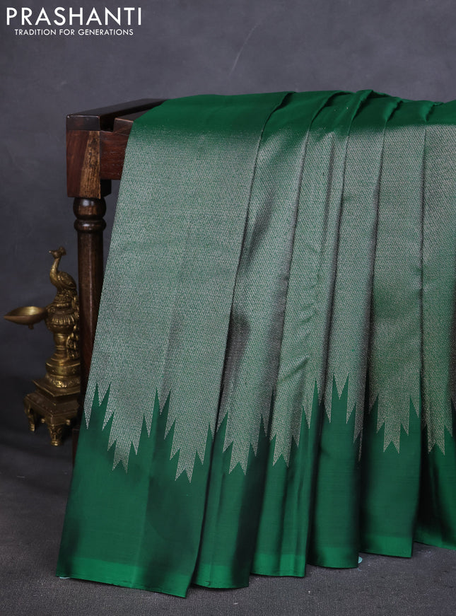 Pure Soft silk saree green with allover silver zari brocade weaves and temple design border