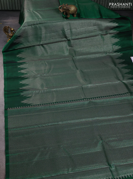 Pure Soft silk saree green with allover silver zari brocade weaves and temple design border