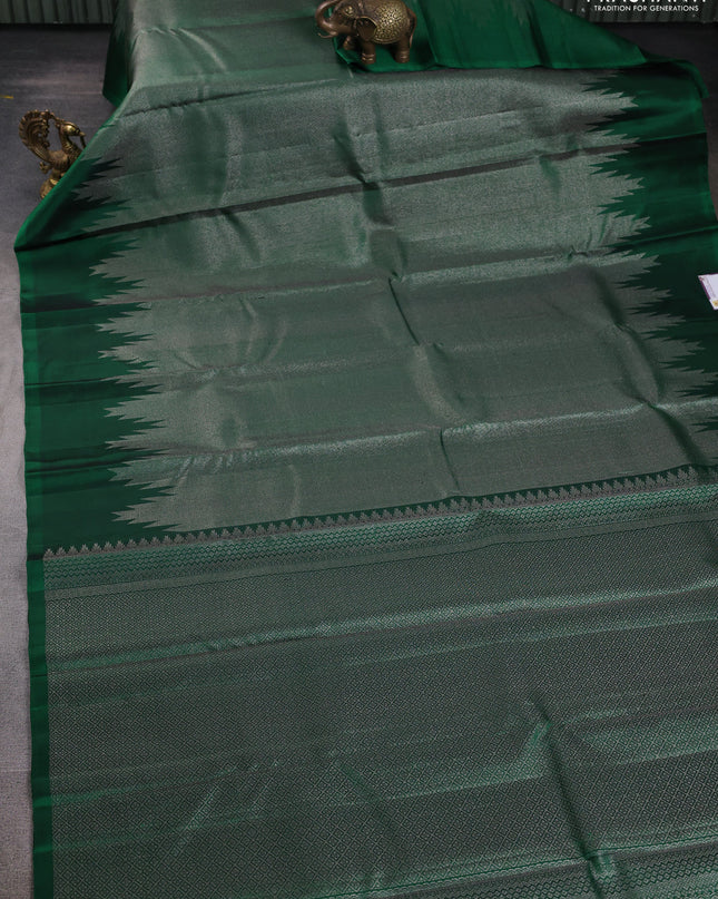 Pure Soft silk saree green with allover silver zari brocade weaves and temple design border