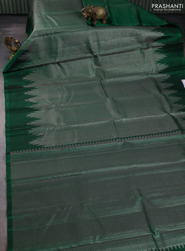 Pure Soft silk saree green with allover silver zari brocade weaves and temple design border