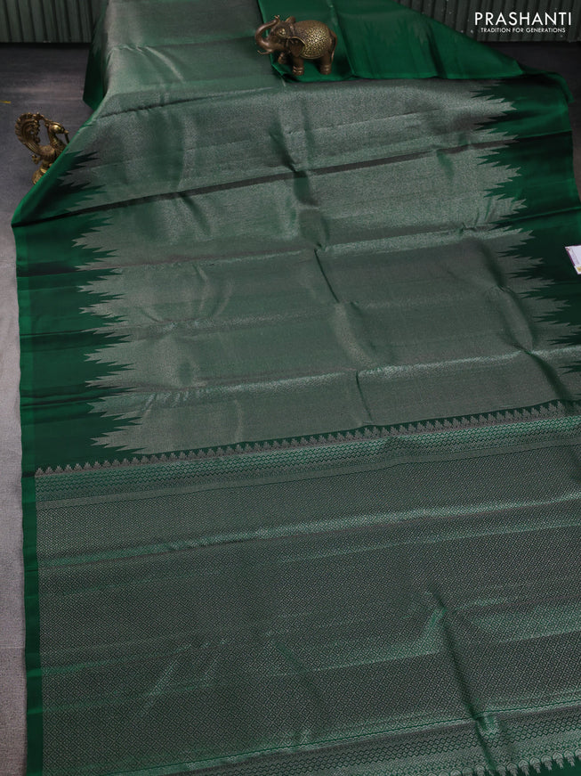 Pure Soft silk saree green with allover silver zari brocade weaves and temple design border