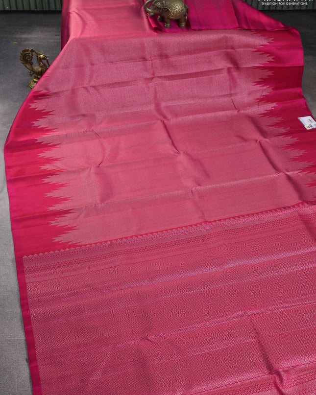 Pure Soft silk saree pink with allover silver zari brocade weaves and temple design border