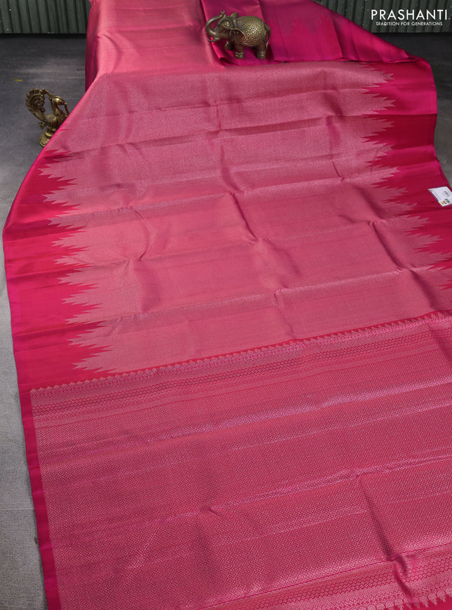 Pure Soft silk saree pink with allover silver zari brocade weaves and temple design border
