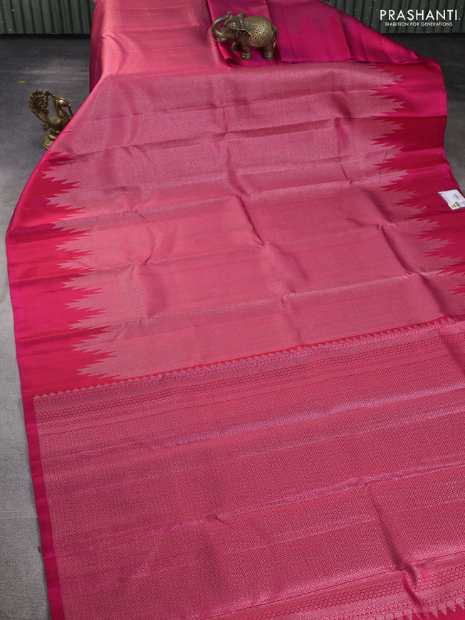 Pure Soft silk saree pink with allover silver zari brocade weaves and temple design border