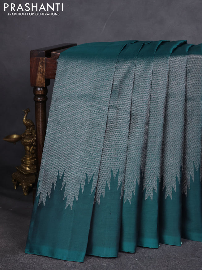 Pure Soft silk saree peacock green with allover silver zari brocade weaves and temple design border