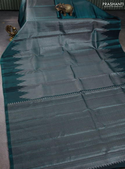Pure Soft silk saree peacock green with allover silver zari brocade weaves and temple design border