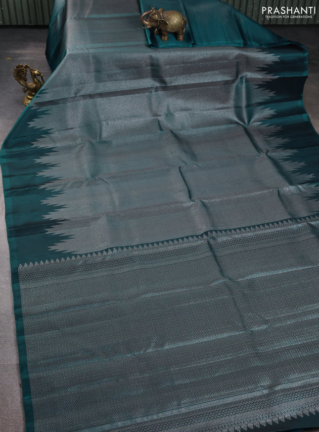Pure Soft silk saree peacock green with allover silver zari brocade weaves and temple design border