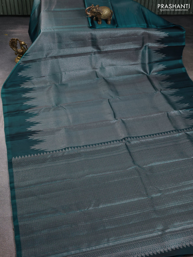 Pure Soft silk saree peacock green with allover silver zari brocade weaves and temple design border