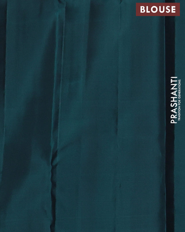 Pure Soft silk saree peacock green with allover silver zari brocade weaves and temple design border